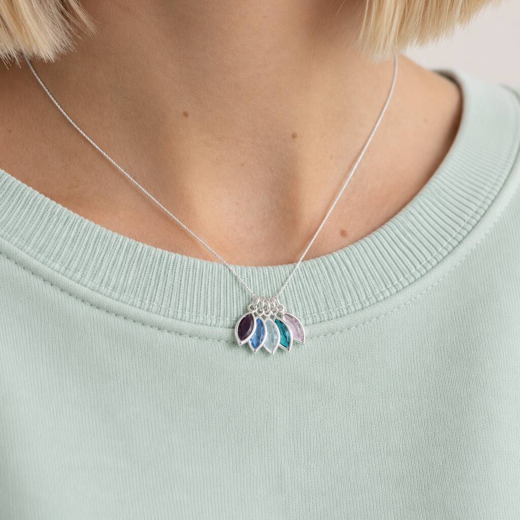 Silver birthstone marquise charm necklace with colourful crystal leaf charms, delicate everyday layering jewellery.