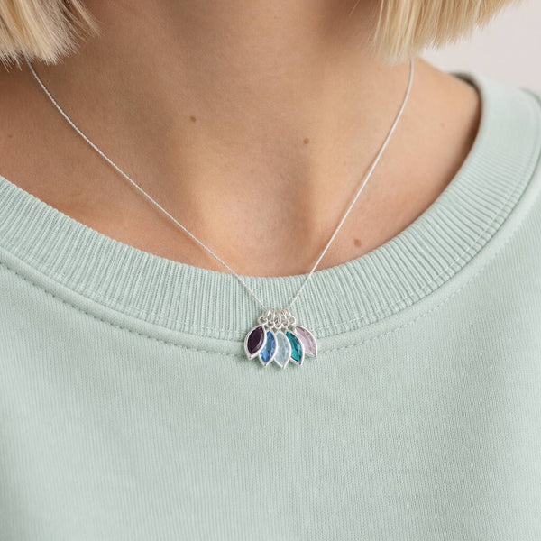 Silver birthstone marquise charm necklace with colourful crystal leaf charms, delicate everyday layering jewellery.