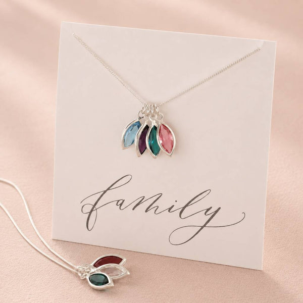 Silver marquise birthstone charm necklace on a Family keepsake card, colourful personalised jewellery.