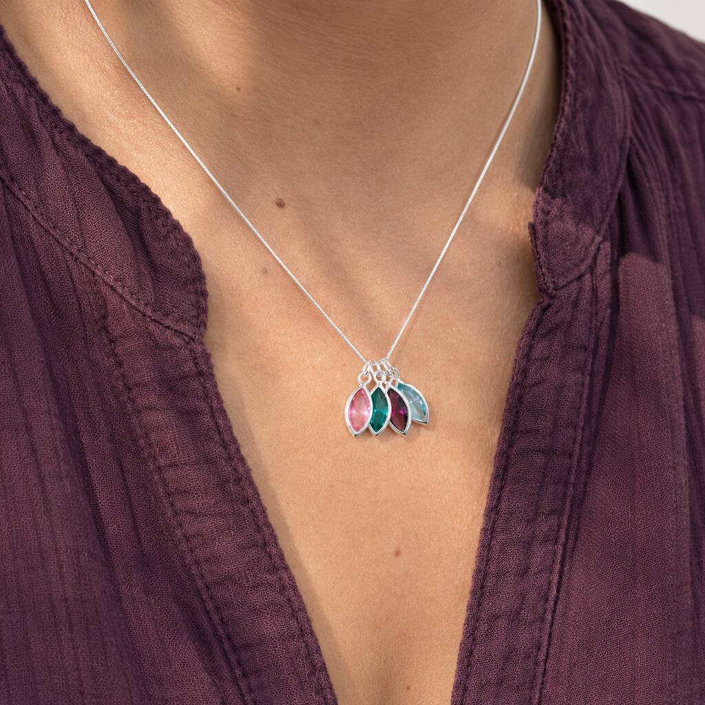 Silver family birthstone marquise charm necklace with colourful crystals, elegant layering jewellery for everyday style.