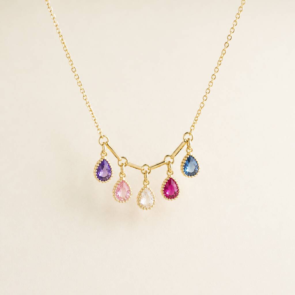 Gold plated birthstone necklace with five colourful teardrop crystal charms, designed to add colour and movement to any look