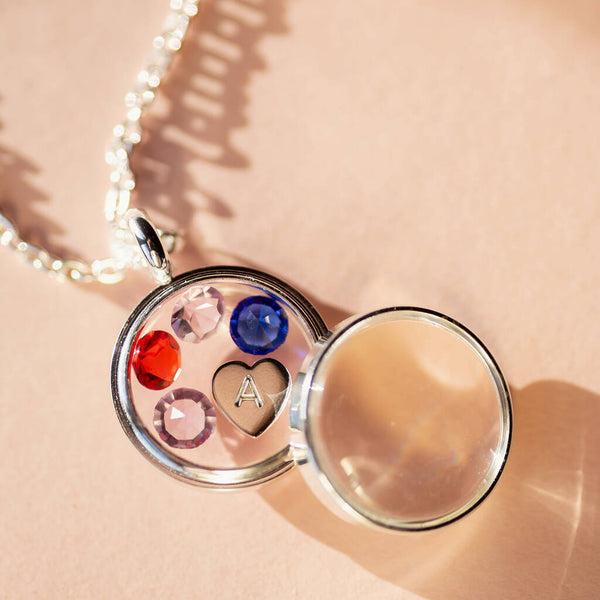 Personalised floating birthstone locket with initial charm