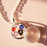 Floating family birthstone initial locket necklace in silver
