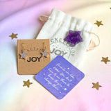 Friendship jewellery gift set featuring amethyst crystal, sparkling star earrings, friendship card and keepsake pouch