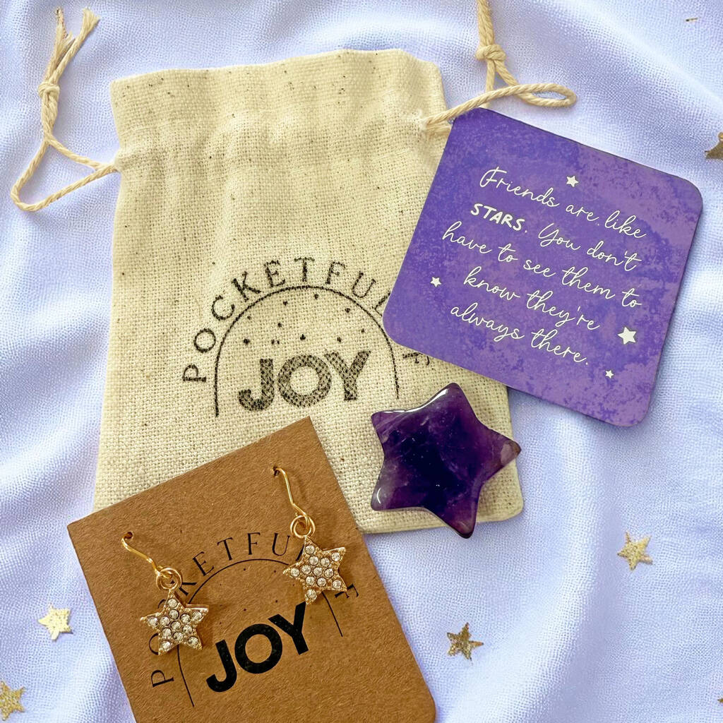 Friends Are Like Stars gift set with a star shaped amethyst crystal, star earrings, friendship card and cotton pouch