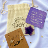 Friends Are Like Stars gift set with a star shaped amethyst crystal, star earrings, friendship card and cotton pouch