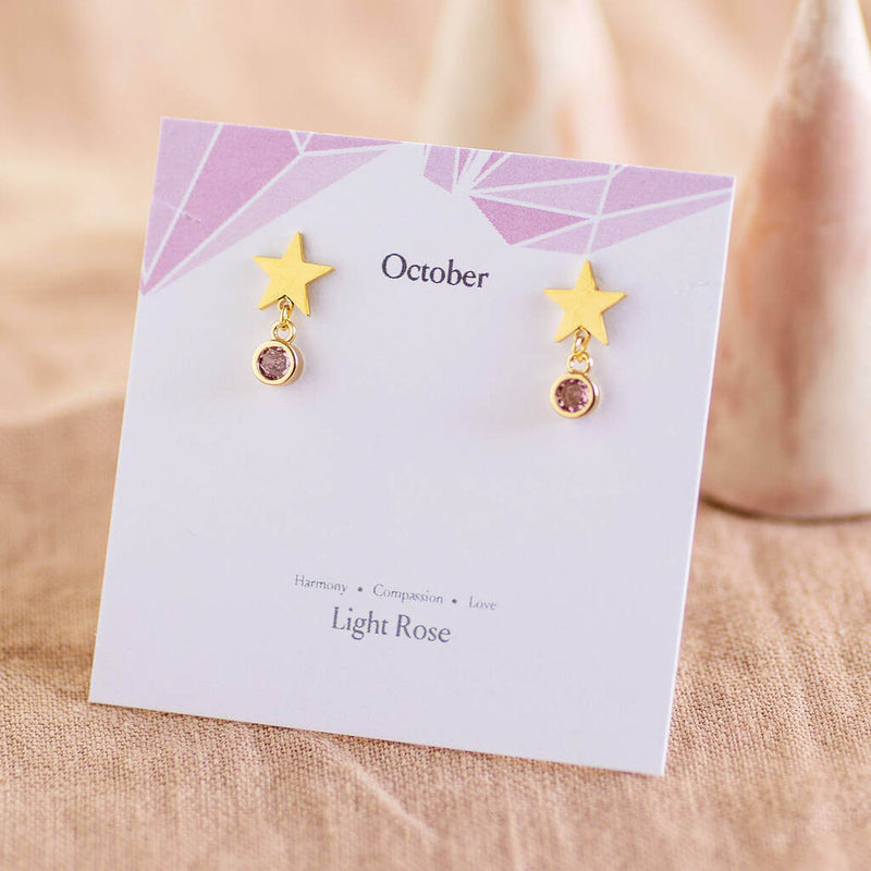 Image shows Gold Plated Star Birthstone Earrings on the October birth month sentiment card.