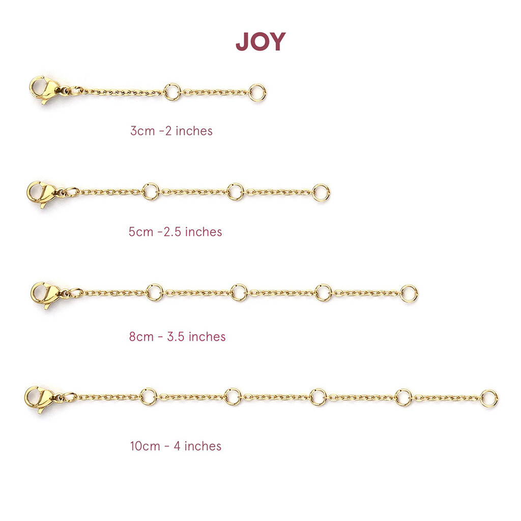 Display chart of the different lengths of extension chain available. 3cm - 2 inches, 5cm - 2.5 inches, 8m - 3.5 inches, 10cm - 4 inches.