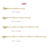 Display chart of the different lengths of extension chain available. 3cm - 2 inches, 5cm - 2.5 inches, 8m - 3.5 inches, 10cm - 4 inches.