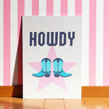 Howdy cowboy boots western A5 wall print with turquoise boots and pink star