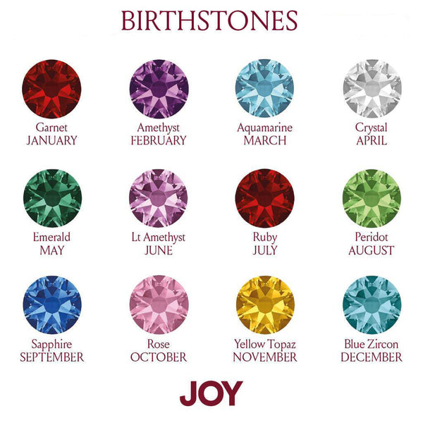 Image shows Crystal Birthstones Chart, from top left; Garnet January, Amethyst February, Aquamarine March, Crystal April, Emerald May, Light Amethyst June, Ruby July, Peridot August, Sapphire September, Rose October, Yellow Topaz November, Blue Zircon December.