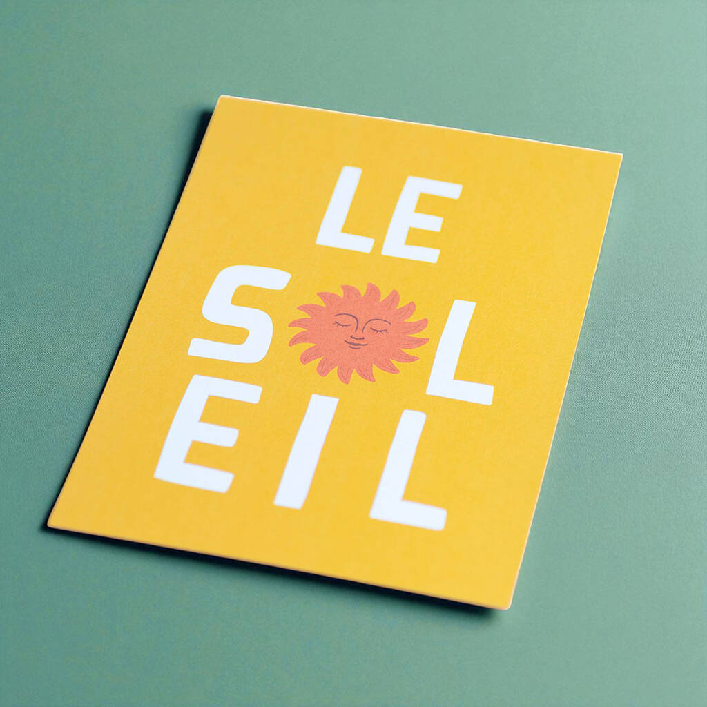 Le Soleil French sunshine A5 wall print with bold white typography and smiling sun illustration