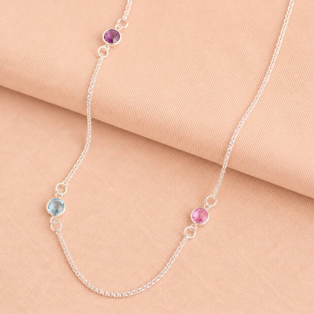 Silver long birthstone necklace with colourful crystal accents, delicate personalised jewellery for effortless layering.