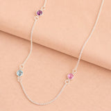 Silver long birthstone necklace with colourful crystal accents, delicate personalised jewellery for effortless layering.