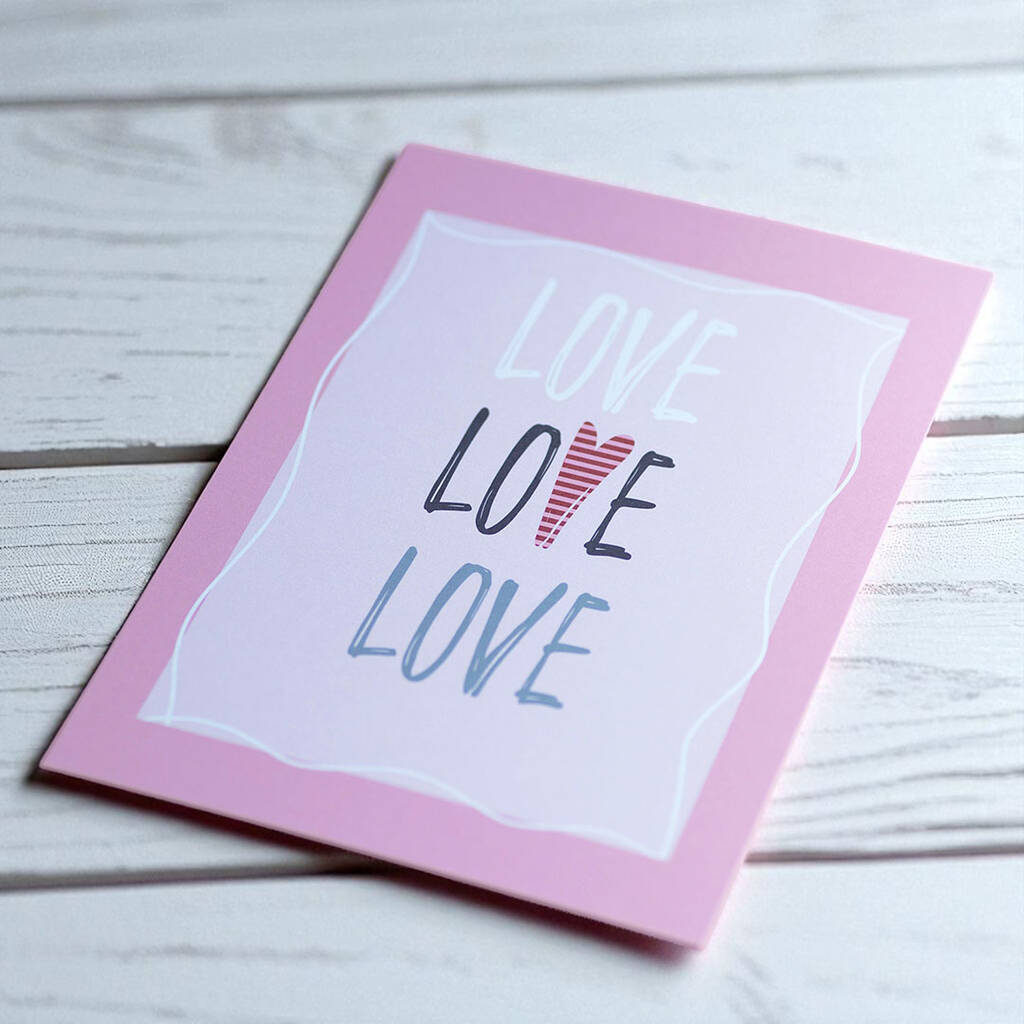 Romantic A5 wall art print with pastel pink border and Love typography