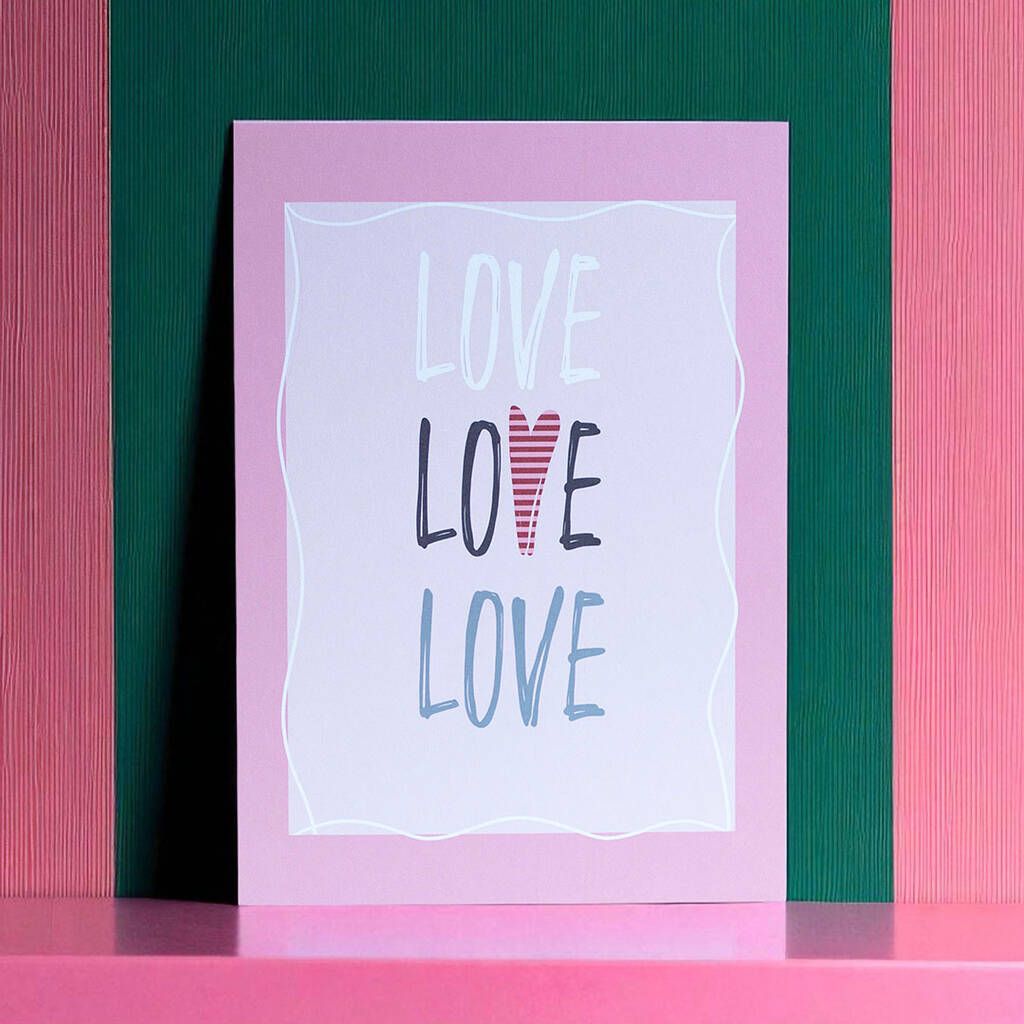 Love Love Love modern heart art print with bold typography and striped heart design