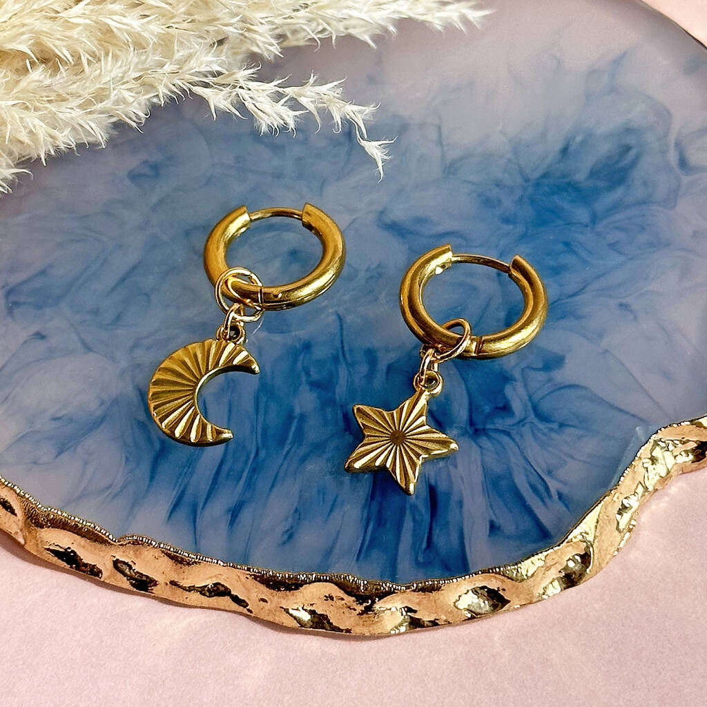 Gold Half Moon Earring, Blue Kyanite Earring, Hammered discount Copper Earring, Crystal Earring, Crescent Moon Earring, Gemstone Earring