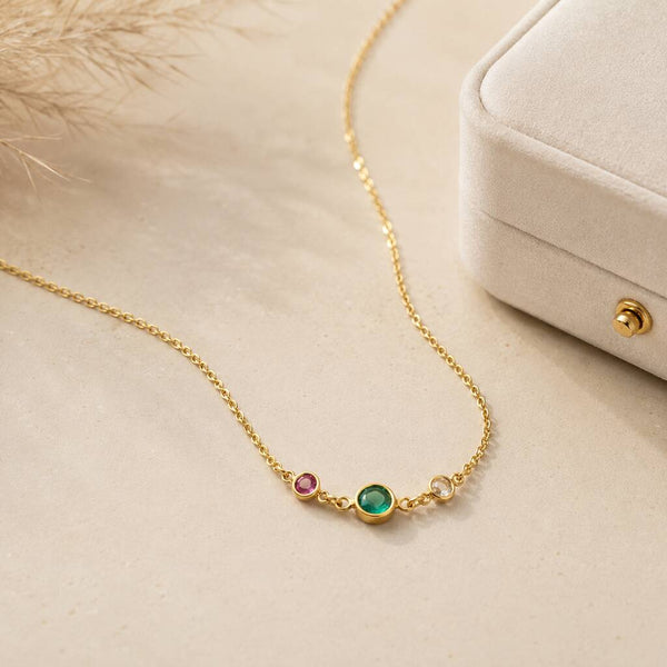 Gold birthstone link necklace with three colourful bezel-set crystals, ideal for everyday styling or layering