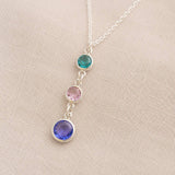 Silver birthstone pendant necklace featuring teal, blush pink and blue crystal drop charms