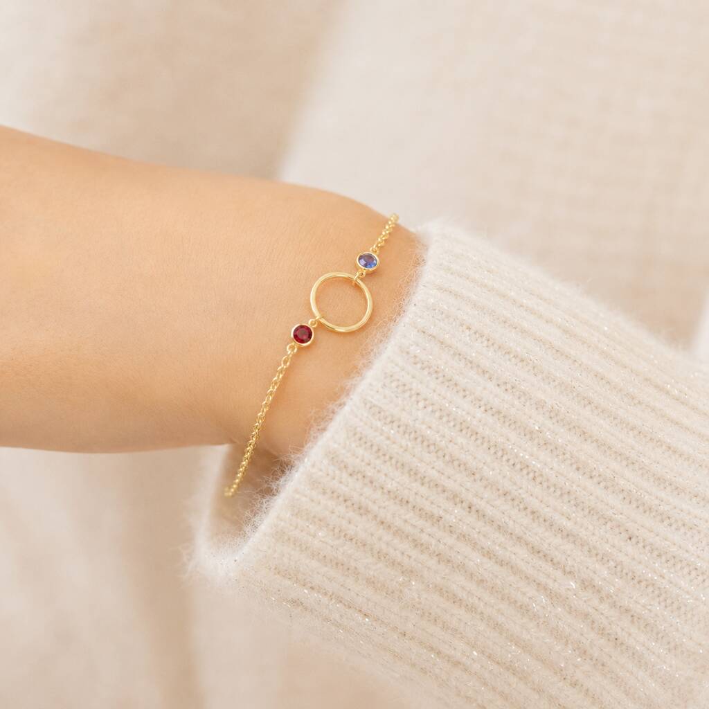 Gold plated circle birthstone bracelet with colourful crystals, perfect for stacking with your favourite bracelets