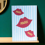 Mwah Lips fun pop art A5 wall print with bold red lips and pastel striped background