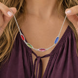 Silver plated Oval Family Birthstone Link Necklace with colourful crystal birthstones, perfect for layering jewellery style.