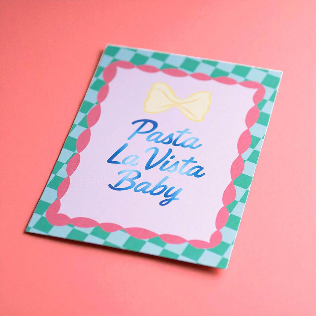 Funny A5 kitchen art print displayed with pasta jar and wooden spoons