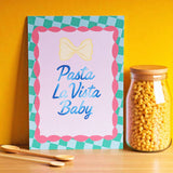 Pasta La Vista Baby funny kitchen art print with bow tie pasta illustration and pastel border