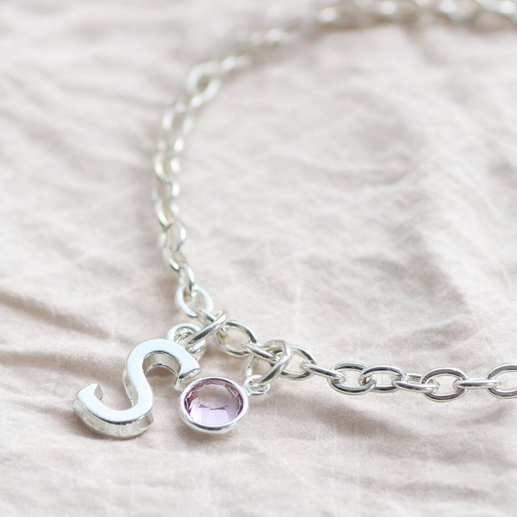 Silver Plated Initial Charm & Birthstone Bracelet
