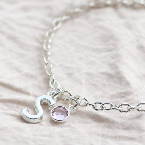 Silver Plated Initial Charm & Birthstone Bracelet