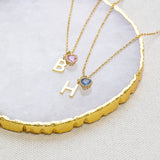 Two gold necklaces display on a jewellery dish, one necklace is a Light Amethyst heart birthstone and gold B initial charm and the 2nd necklace  has a September heart birthstone and a H initial  gold charm