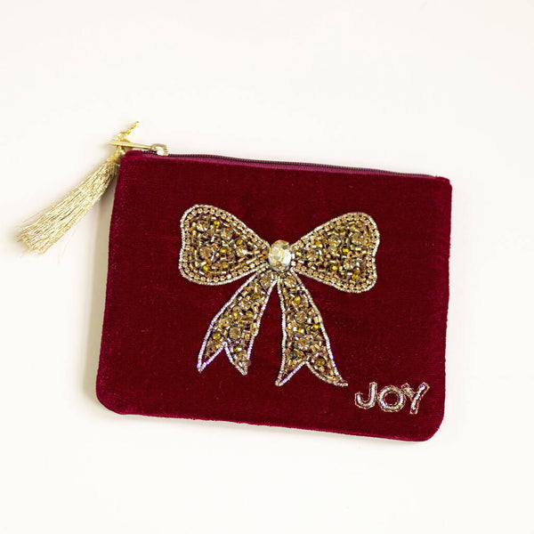 Personalised Velvet Beaded Bow Pouch With Initial Charm