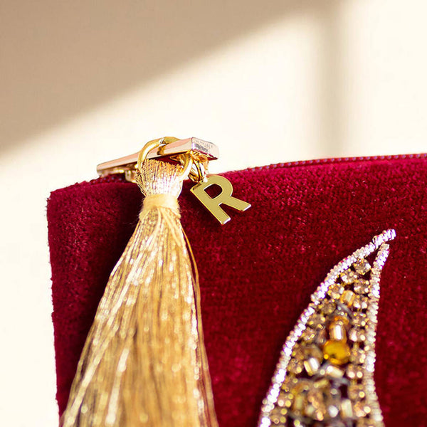 Personalised Velvet Beaded Moon Pouch With Initial Charm