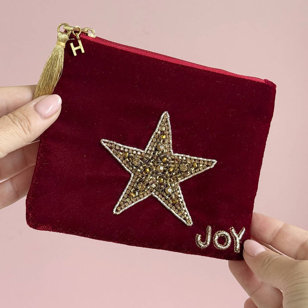 Personalised velvet beaded star pouch with gold initial charm and tassel