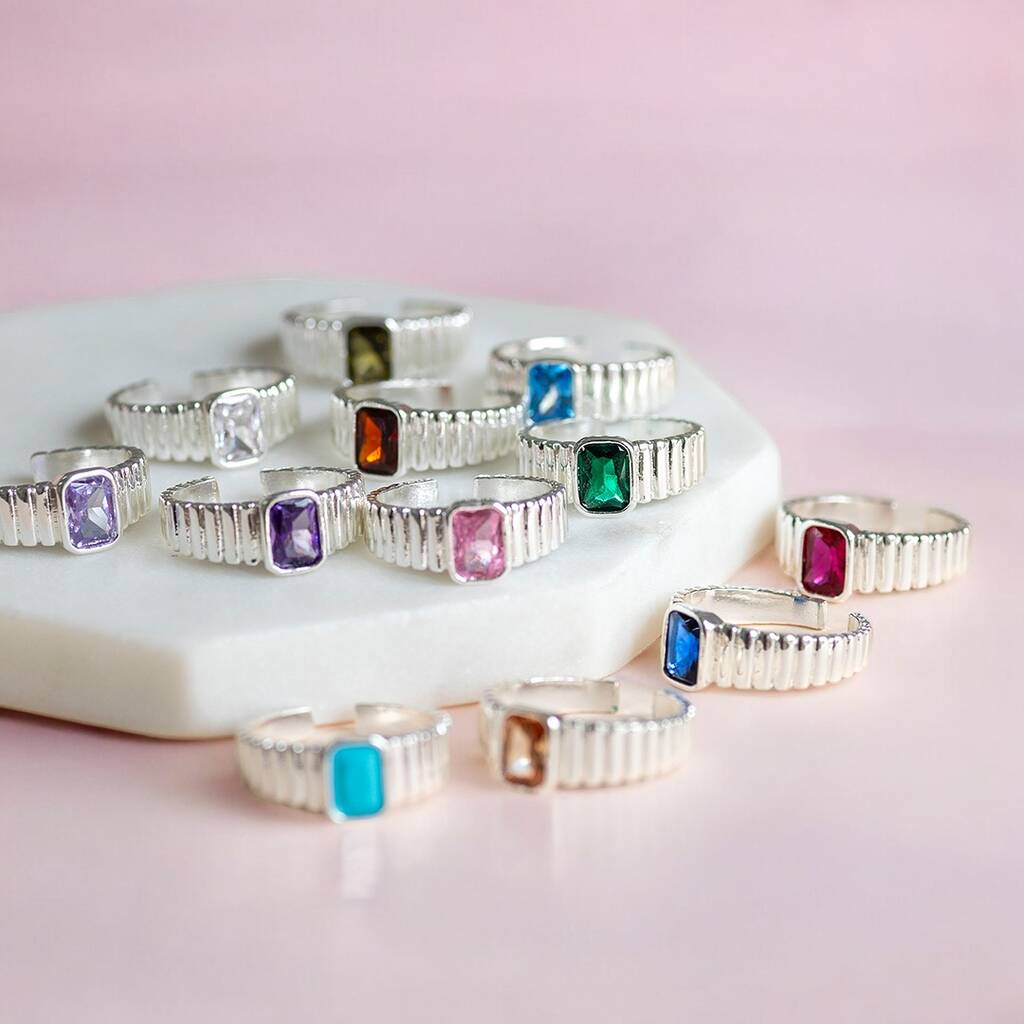 Silver plated ribbed birthstone ring displayed in 12 months of birthstones.