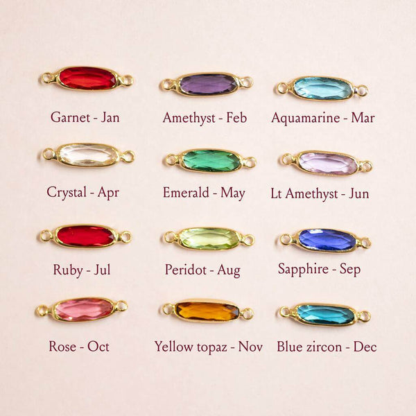 Image shows Crystal Birthstones Chart, from top left; Garnet January, Amethyst February, Aquamarine March, Crystal April, Emerald May, Light Amethyst June, Ruby July, Peridot August, Sapphire September, Rose October, Yellow Topaz November, Blue Zircon December