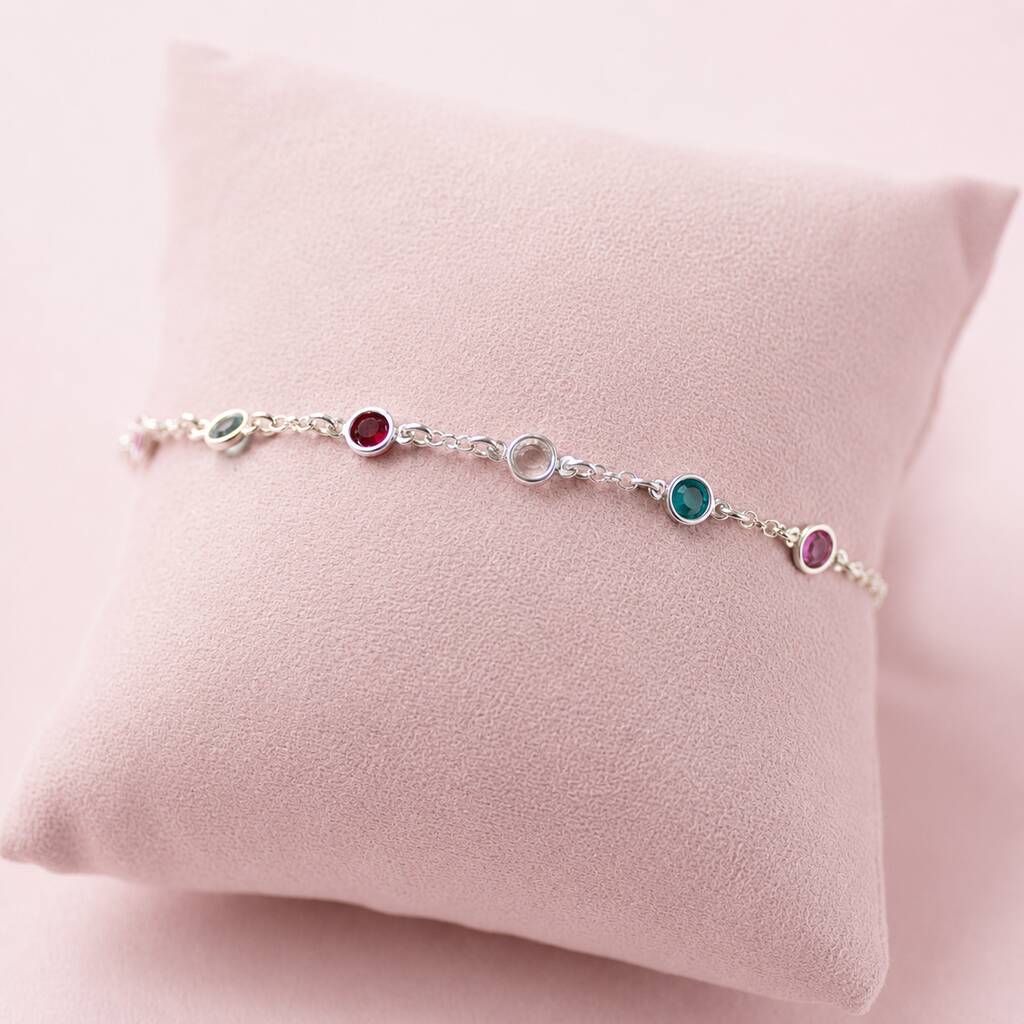 Sterling silver birthstone bracelet with colourful crystal accents, timeless stacking jewellery with a delicate finish.