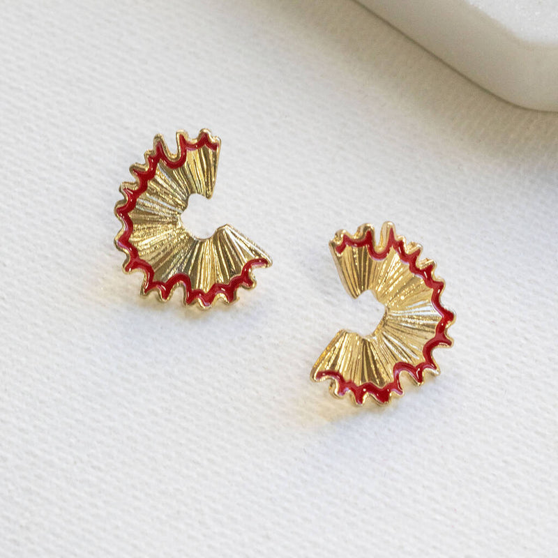 Image shows a pair of Teacher Gift Pencil Shaving Earrings on a white backdrop.
