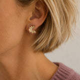 Gold pencil shaving stud earrings with red enamel detail styled for everyday wear with a cosy lilac knit