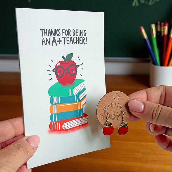 Thank You Teacher Card And Red Apple Earrings Gift Set