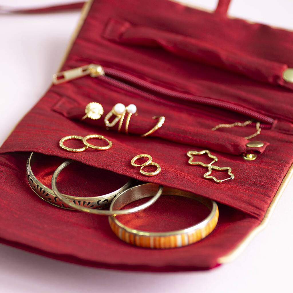 Velvet ‘Joy’ Travel Jewellery Roll Maroon And Gold
