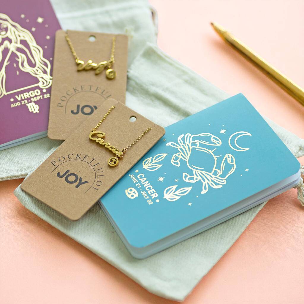 Astrology gift set featuring star sign necklace and illustrated zodiac notebook by Pocketful of Joy for Virgo and Cancer signs