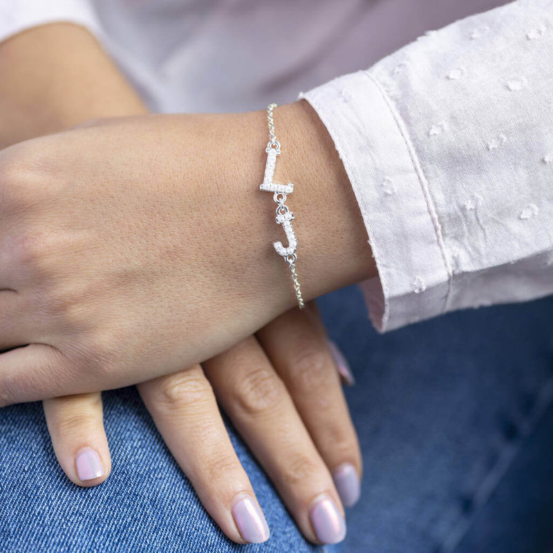  personalised initial bracelet, pearl studded L & G initials on  silver bracelet 