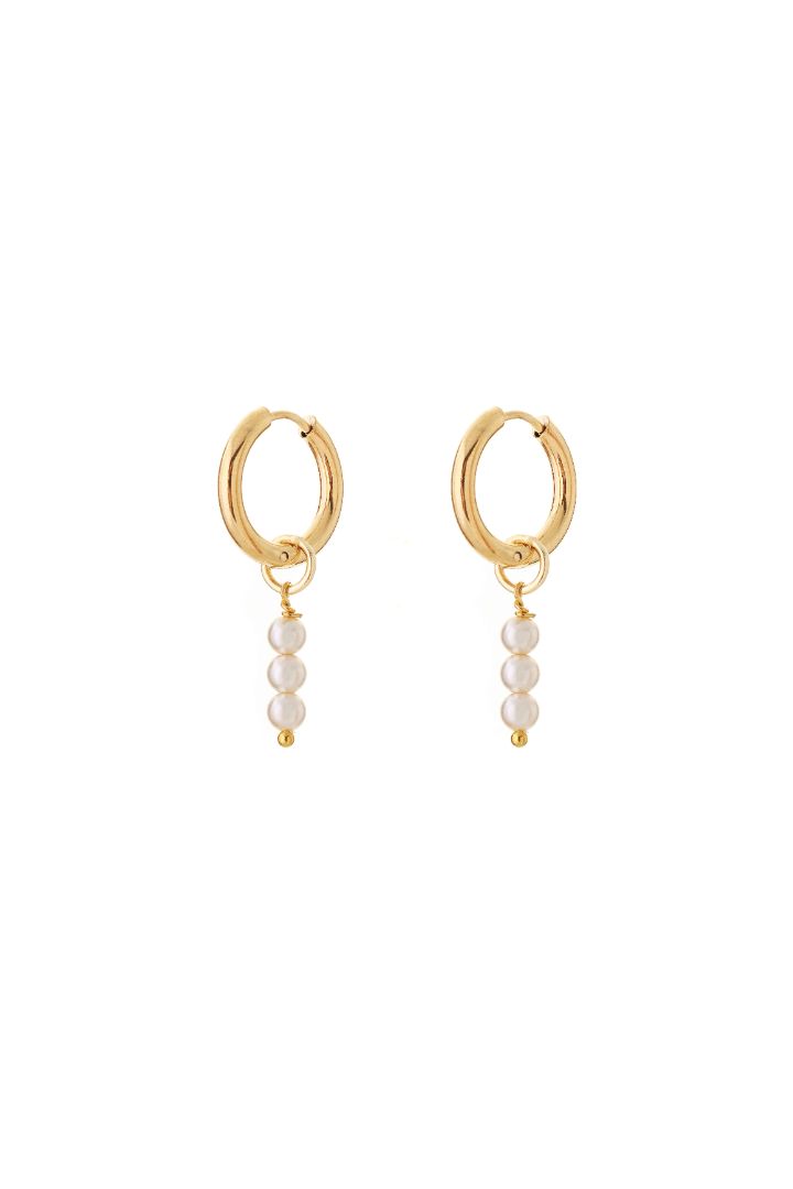 Bridesmaid Triple Stack Pearl Huggie Earrings Gold Plated