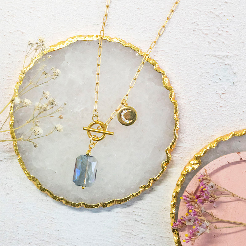 Image shows deimos gold plated necklace with front clasp and dainty crystal crescent moon disc charm. Necklace sits on a crystal quartz flat lay.