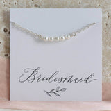 Image shows delicate swarovski pearl bracelet in sterling silver, with five dainty white pearls on the 'bridesmaid' sentiment card.