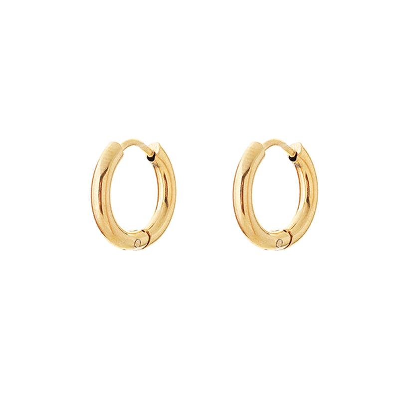 image shows plain gol plated huggie hoop earrings on a white background