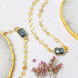 image shows sparkling satellite necklaces complete with dark grey crystal sitting on a white backdrop.