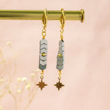 Image shows a pair of asteria hematite earrings with dainty star charm.