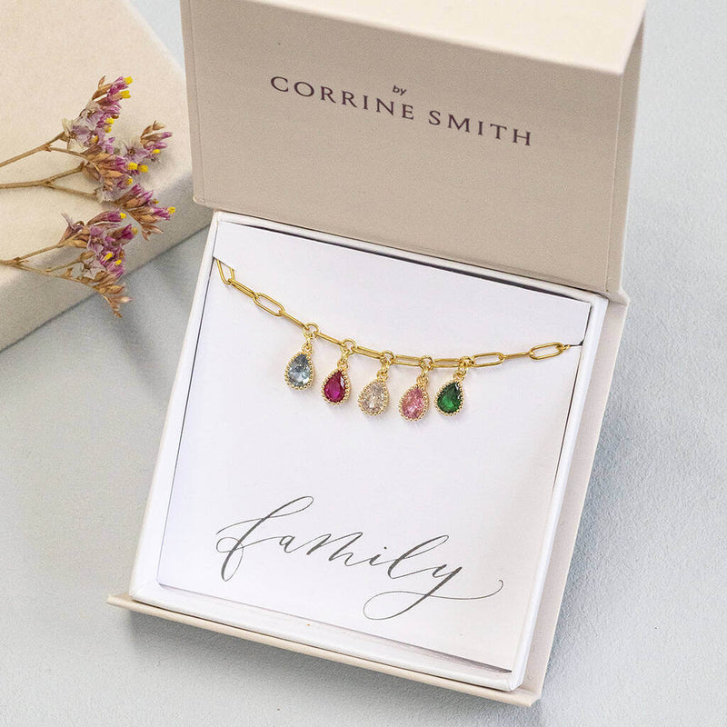 Image shows charm bracelet with family birthstones displayed on a 'family' sentiment card in a JOY by Corrine Smith gift box.